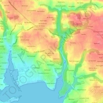 Topografische kaart Beg Menez, hoogte, reliëf