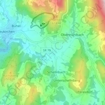 Topografische kaart Untermühlbach, hoogte, reliëf