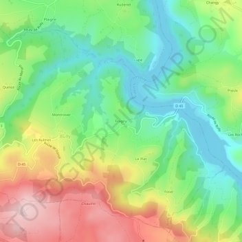 Topografische kaart Fragny, hoogte, reliëf