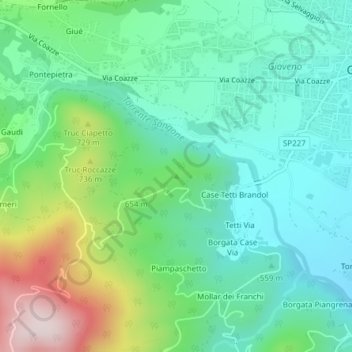 Topografische kaart Monterossino, hoogte, reliëf