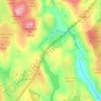 Topografische kaart Bolventor, hoogte, reliëf