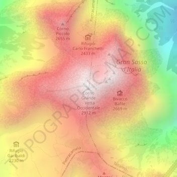 Topografische kaart Corno Grande - Vetta Occidentale, hoogte, reliëf