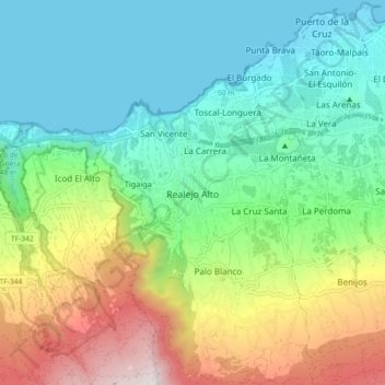 Topografische kaart Realejo Alto, hoogte, reliëf