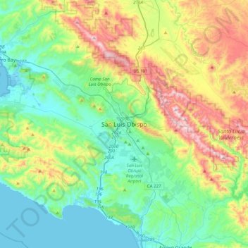 Topografische kaart San Luis Obispo, hoogte, reliëf