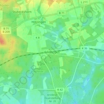 Topografische kaart Emmingen, hoogte, reliëf