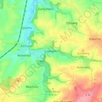 Topografische kaart Lüttewitz, hoogte, reliëf
