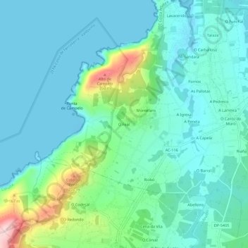Topografische kaart O Feal, hoogte, reliëf