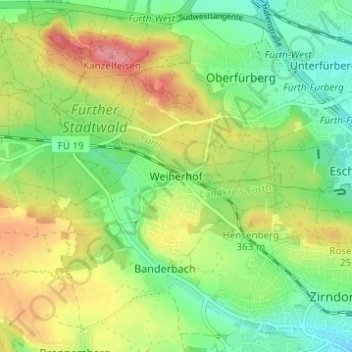 Topografische kaart Weiherhof, hoogte, reliëf