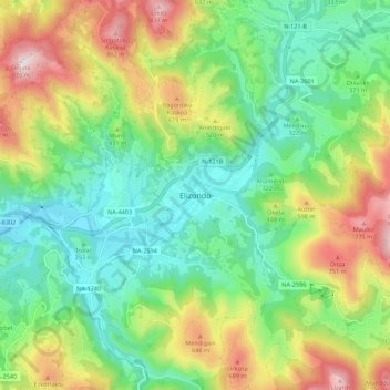 Topografische kaart Elizondo, hoogte, reliëf