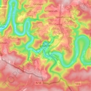 Topografische kaart Bouillon, hoogte, reliëf