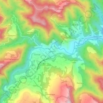 Topografische kaart Corneto, hoogte, reliëf