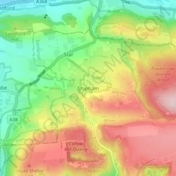Topografische kaart Shipham, hoogte, reliëf