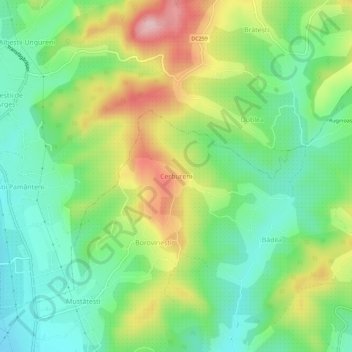Topografische kaart Cerbureni, hoogte, reliëf