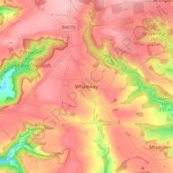Topografische kaart Whiteway, hoogte, reliëf