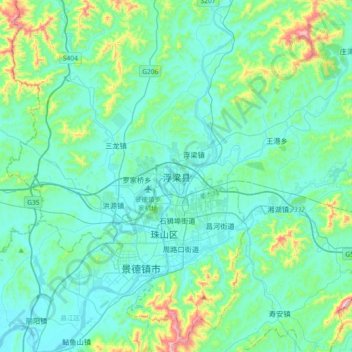 Topografische kaart 浮梁县, hoogte, reliëf
