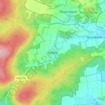 Topografische kaart Rödles, hoogte, reliëf