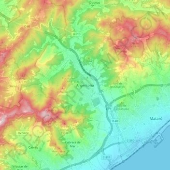 Topografische kaart Argentona, hoogte, reliëf