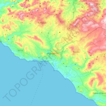 Topografische kaart Agrigent, hoogte, reliëf