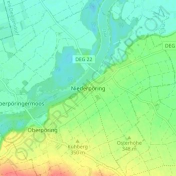 Topografische kaart Niederpöring, hoogte, reliëf