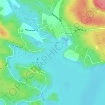 Topografische kaart Lake Rosseau, hoogte, reliëf