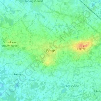 Topografische kaart Putte, hoogte, reliëf
