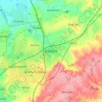 Topografische kaart Baldock, hoogte, reliëf