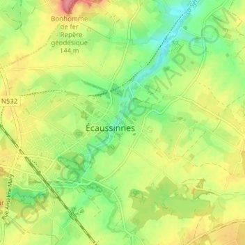Topografische kaart Écaussinnes-Lalaing, hoogte, reliëf