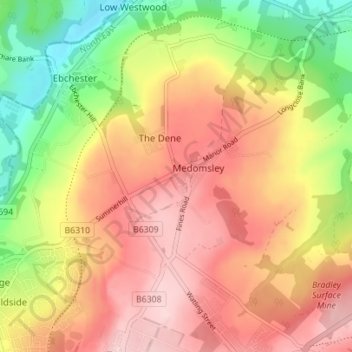 Topografische kaart Highsteads, hoogte, reliëf