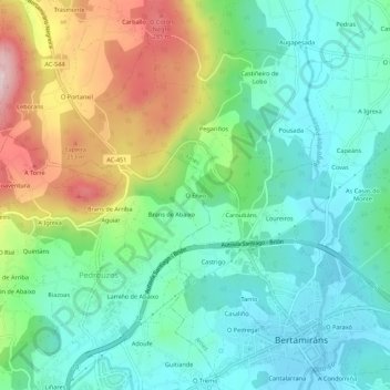 Topografische kaart O Enxo, hoogte, reliëf