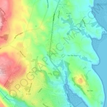 Topografische kaart Tentén, hoogte, reliëf