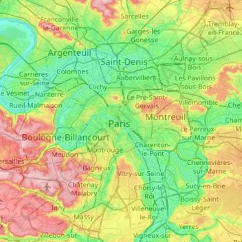 Topografische kaart Parijs, hoogte, reliëf