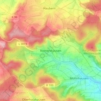 Topografische kaart Römershausen, hoogte, reliëf
