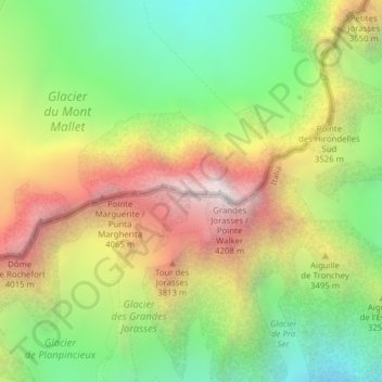 Topografische kaart Grandes Jorasses/ Pointe Whymper, hoogte, reliëf
