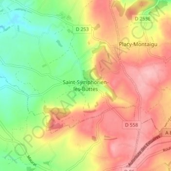 Topografische kaart Saint-Symphorien-les-Buttes, hoogte, reliëf