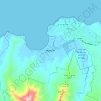 Topografische kaart Hanalei, hoogte, reliëf