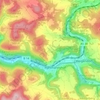 Topografische kaart Hunas, hoogte, reliëf