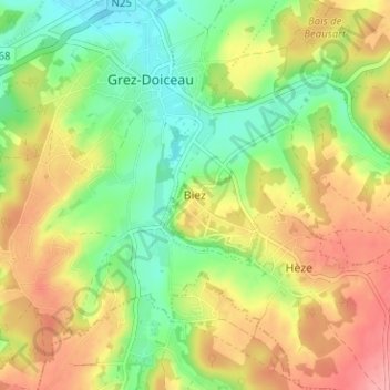 Topografische kaart Biez, hoogte, reliëf