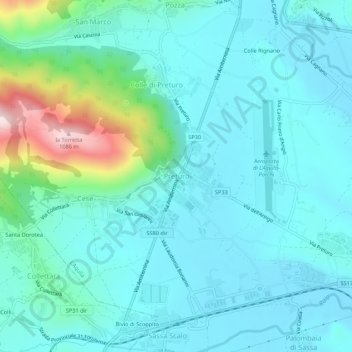 Topografische kaart Preturo, hoogte, reliëf
