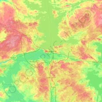 Topografische kaart Tampere, hoogte, reliëf