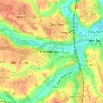 Topografische kaart Hertingfordbury, hoogte, reliëf