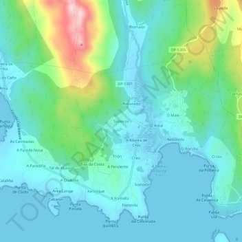 Topografische kaart Solleiros, hoogte, reliëf