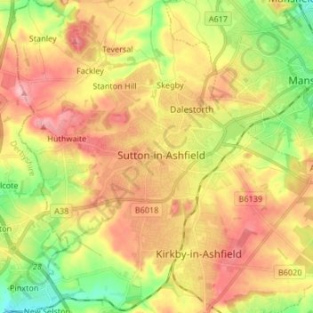 Topografische kaart Sutton-in-Ashfield, hoogte, reliëf