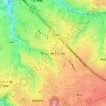 Topografische kaart Évegnée-Tignée, hoogte, reliëf