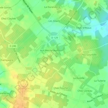 Topografische kaart Aux Chataigniers, hoogte, reliëf