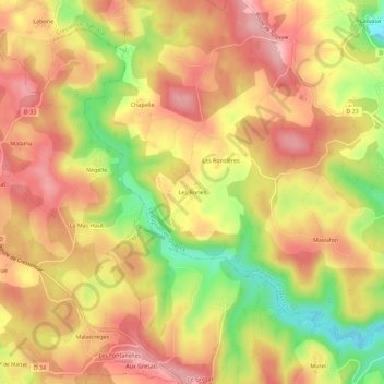 Topografische kaart Les Bories, hoogte, reliëf