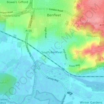 Topografische kaart South Benfleet, hoogte, reliëf