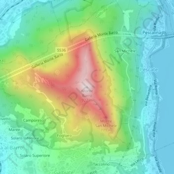 Topografische kaart Monte Barro, hoogte, reliëf
