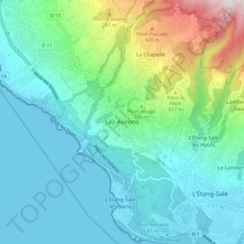 Topografische kaart Les Avirons, hoogte, reliëf