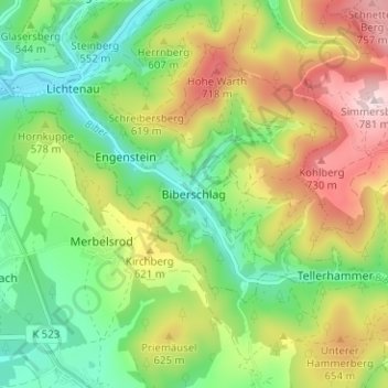 Topografische kaart Biberschlag, hoogte, reliëf