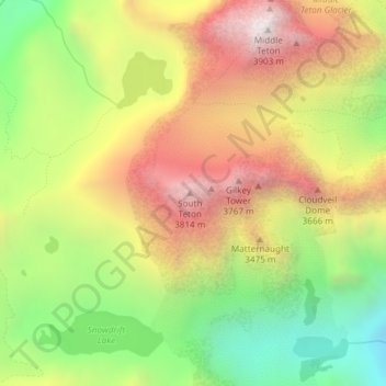 Topografische kaart South Teton, hoogte, reliëf